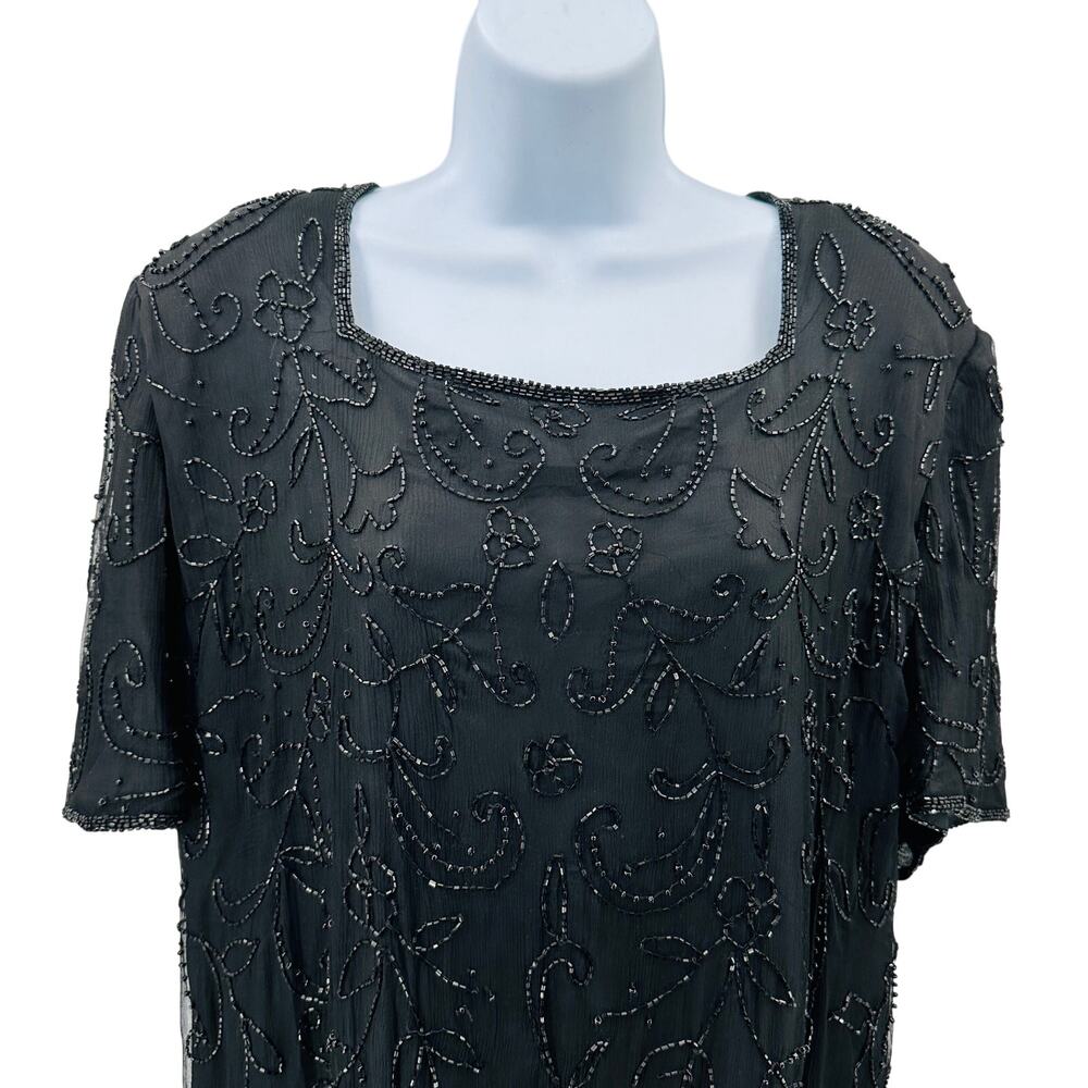 JMD New York Sheath Dress WMNS 3X Black Silk Beaded Short Sleeve Lined Back Zip